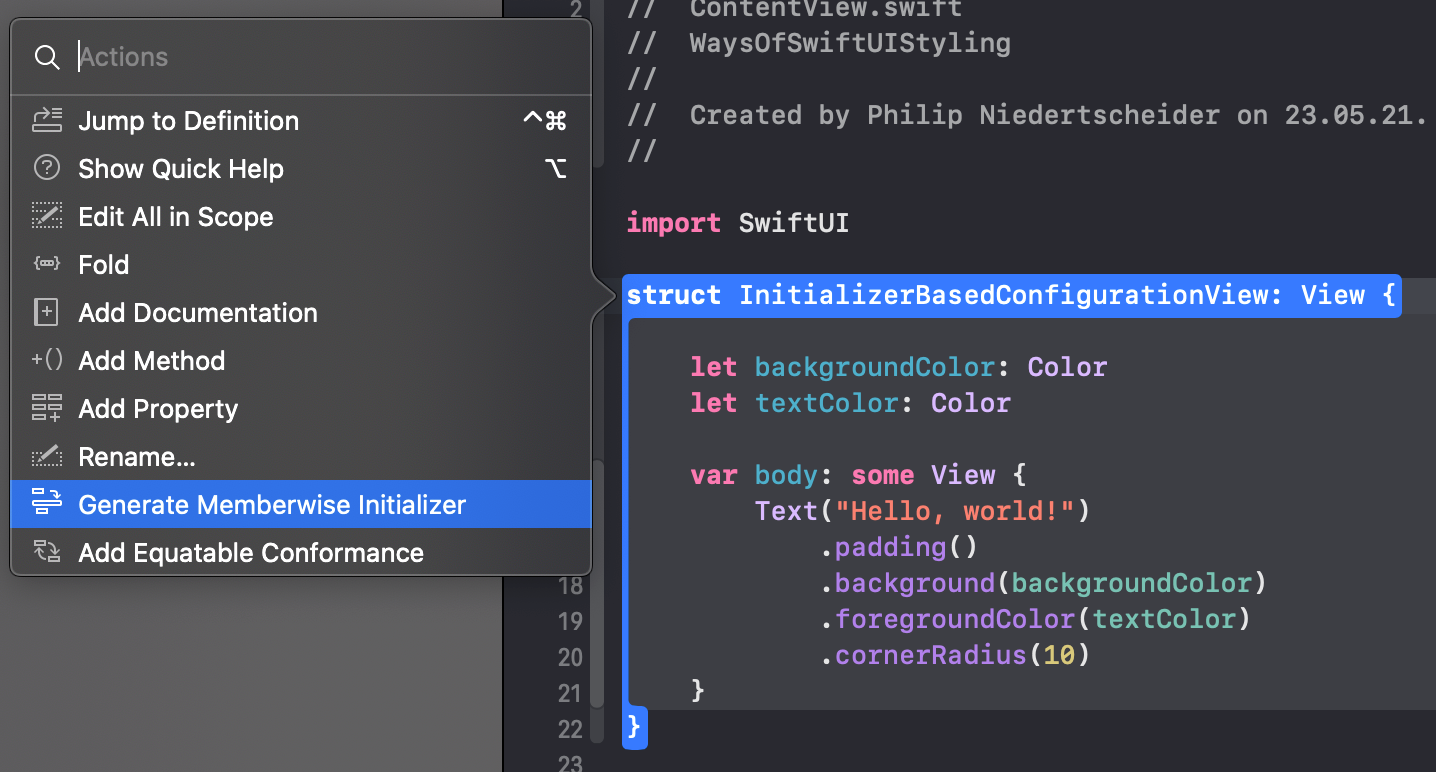 Xcode can automatically generate memberwise initializers