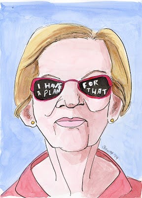 Image of Elizabeth Warren wearing sunglasses that have “I have a plan for that” written on them.