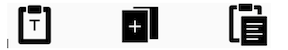 Pastes as text icon, duplicate icon, past icon place side-by-side with large margin between each icon. All icons are black and white.