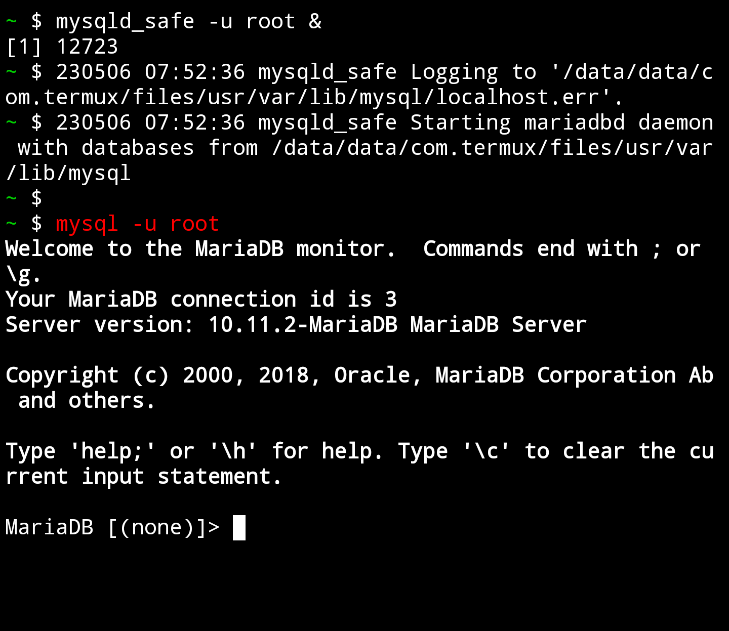 mysql -u root &-screenshot