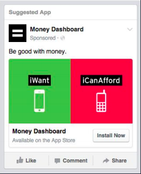 A Facebook ad for Moneydashboard showing the phone the user wants versus the phone they can afford.
