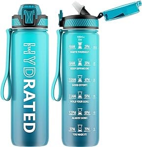 Water Bottle with Straw, 32 oz Motivational Water Bottles with Time Marker to Drink, Tritan BPA Free, 1L Sports Water Bottle with Carry Strap LeakProof for Men Gym Fitness Outdoor (1 Pack)