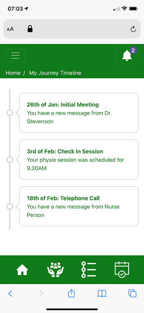 A screenshot of the home page of the web app. It has three examples of events, such as a ‘18th of Feb: Telephone Call’