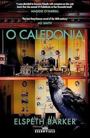 The book cover for O Caledonia by Elspeth Barker, showing the inside of a grand house and a jackdaw