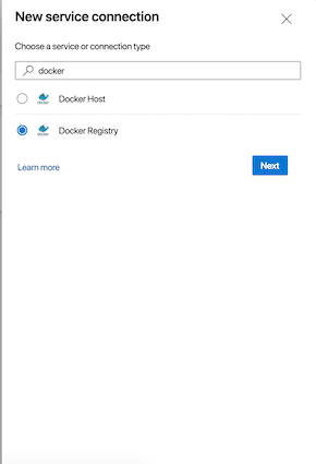 Screenshot of service connection panel showing Docker Registry option
