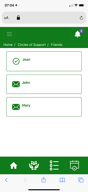 A screenshot of the web app showing a circles of support page labelled ‘friends’, with three example individuals.