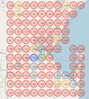 Average monthly number of water bodies for Maputo, Mozambique: some circles show higher average numbers than others based on what the algorithm determined
