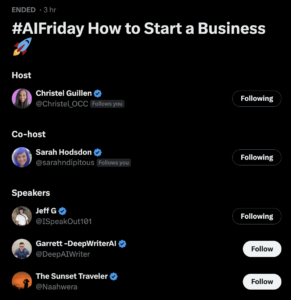 #AIFriday’s X Space Event — Host and Co-host discussing ‘How to Start a Business’ with a focus on customer acquisition strategies.