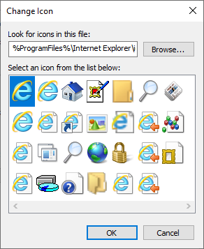 The Change Icon dialog after pasting in the Internet Explorer path and clicking OK.