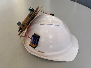 Smart Helment prototype side view showing the power supply