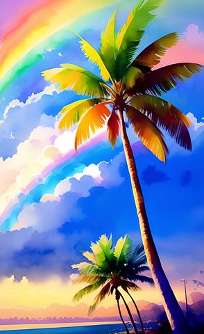 Palmtree illustration in watercolor form, the palmtree is on a beach with a rainbow behind it and billowy clouds