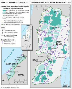 Mapa dos assentamentos israelenses ilegais na Cisjordânia ocupada em 2003, segundo o Escritório Encyclopædia Britannica.