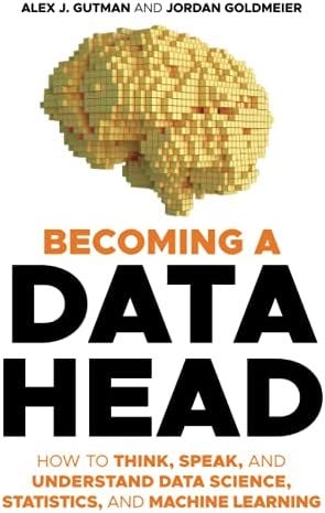 Image of the cover of “Becoming a Data Head.” Features a pixelated image of a brain.