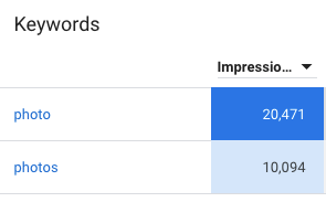 mot-clé photo, au singulier, qui est deux fois plus recherchés par mois que le mot photos, qui lui est au pluriel.
