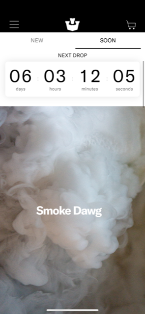 Goorin Bros app with a 6 day countdown and the words smoe dawg over a pillow of smoke.