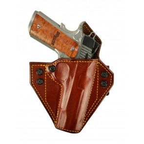 a brown leather holster with a grey gun