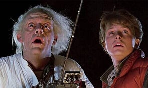 Dr Emmett Brown and Marty McFly looking out from the movie ‘Back to the Future’