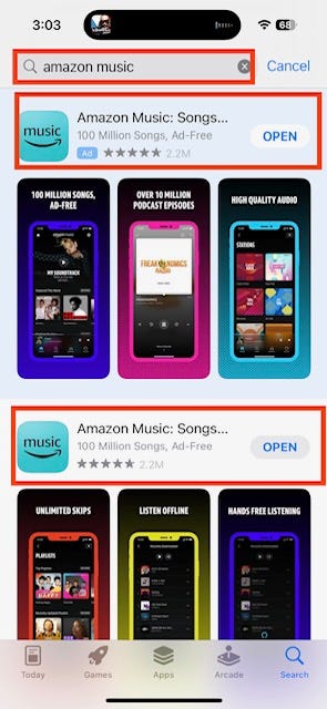 example 1: Amazon Music is the exact keyword. The top paid placement is Amazon Music and the top organic search result is Amazon Music.