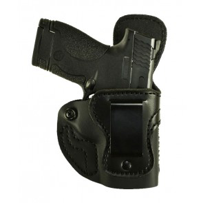 a black leather holster with a black gun