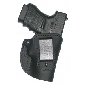 a black leather holster with a gun