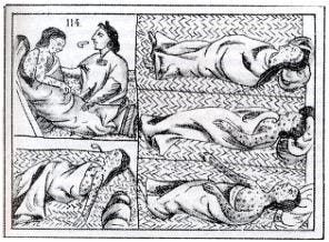Smallpox victims at different stags of disease, a black and white drawing