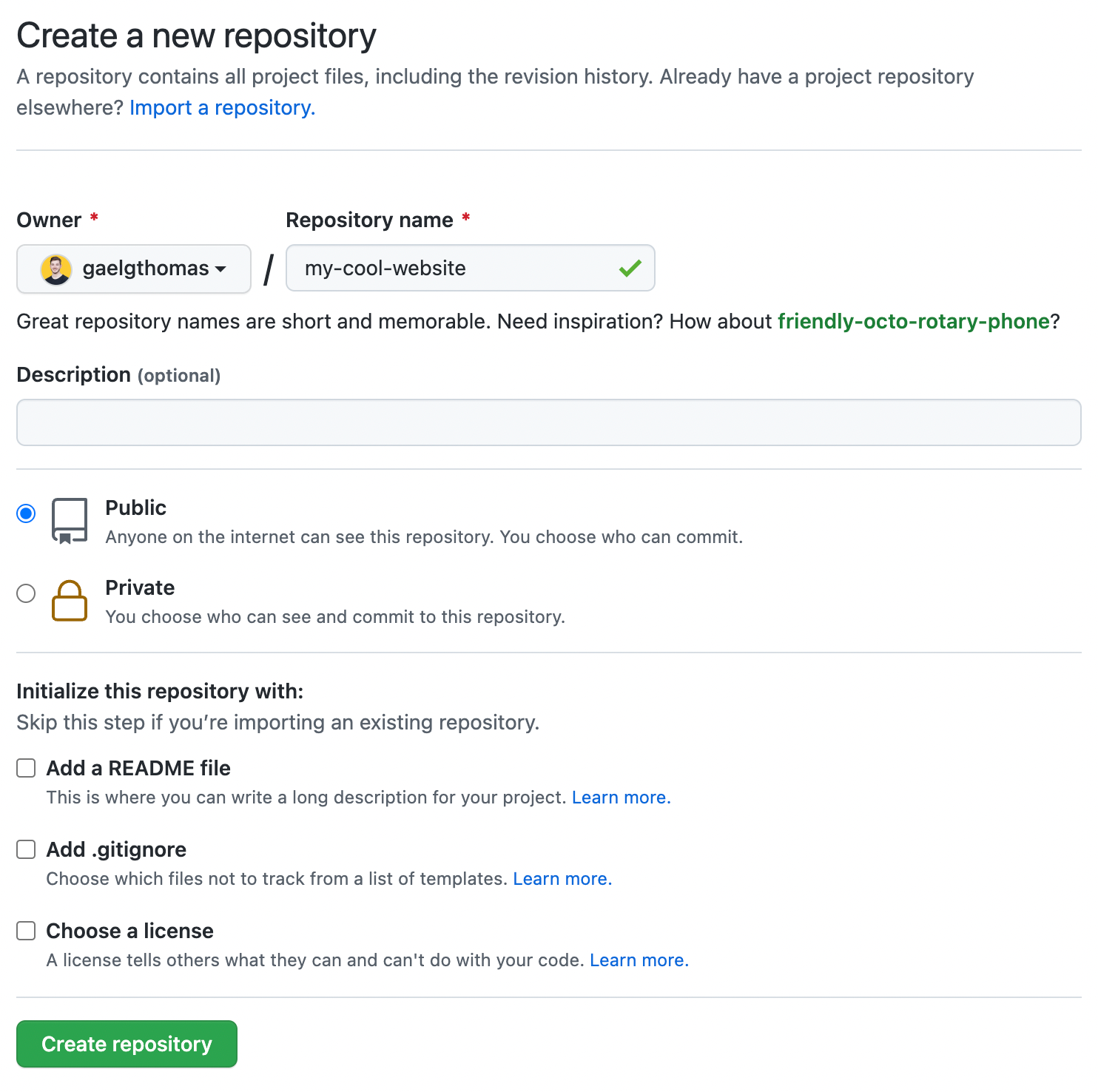 “Create a new repository” page on GitHub