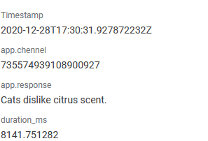 Fields on an individual span, listing the timestamp, app.channel, app.response, and duration_ms.