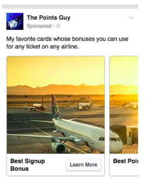A Facebook ad showing an airplane across multiple images in a carousel.