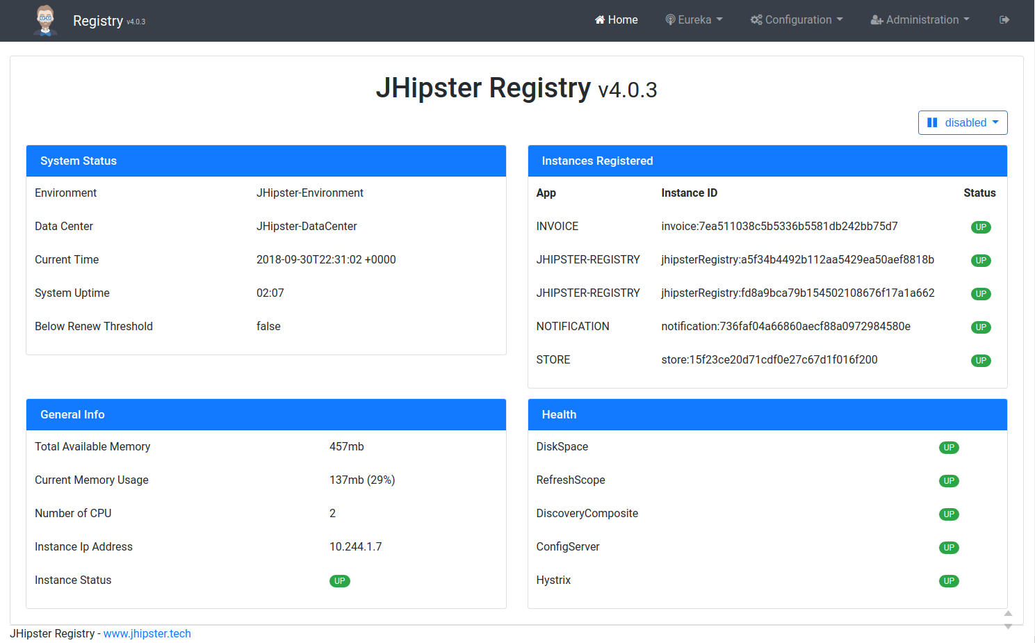 JHipster Registry home page