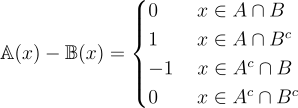 \mathbb{A}(x)-\mathbb{B}(x)=\begin{cases} 0\quad\quad x \in A\cap B\\ 1 \quad\quad x \in A\cap B^c\\-1\quad\: x \in A^c\cap B\\ 0 \quad\quad x \in A^c\cap B^c\\ \end{cases}