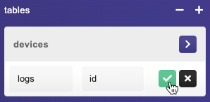 HarperDB’s create table section is shown with one pre-existing table named ‘devices’ already created. A second table, named ‘logs’ with the hash attribute of ‘id’ is shown being added