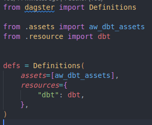 Image showing dagster-dbt code of definitions object.