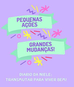 Na imagem contém a seguinte frase: Pequenas ações, grandes mudanças. com confetes coloridos dentro de uma faixa e fundo roxo.