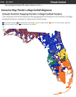 Vivid Seats fan map exploring college football fandom, done in conjunction with the Orlando Sentinel