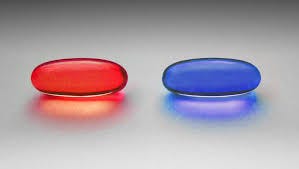 A picture of a blue and a red pill