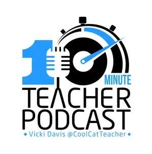 10 Minute Teacher Podcast cover, with the number ten stylized with a blue one, a iconic microphone with the A in teacher acting as the legs, and the zero of ten appearing as a timepiece