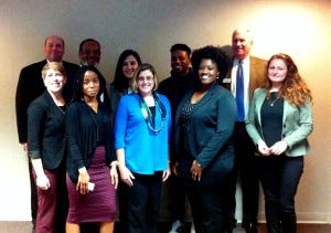 Those present when Bowman & Company LLP recenlty hosted the Rutgers University –Camden, National Association of Black Accountants. In the back row, from left: Michael D. Cesaro, CPA and managing partner of Bowman & Company LLP, Ralph Albert Thomas, CGMA and CEO of the New Jersey Society of CPAs, Pelin Tuncay, James Huggins, treasurer NABA and Robert E. Biddle Jr, principal of Bowman & Company LLP. In the front row, from left: Terri Smith, Career Services at Rutgers University Camden, Edbia Diggs, Kathleen Randell, Justina Ejiofor, president of Rutgers University Camden NABA and Tatsiana Astahska.