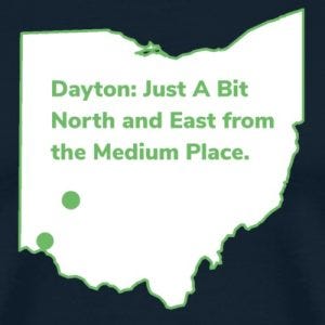 Outline of the state of Ohio with Dayton and Cincinnati marked with a dot, with green lettering saying 
