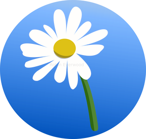An illustrated white petal daisy in front of a blue circle gradient background