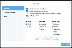 Tweetdeck settings box
