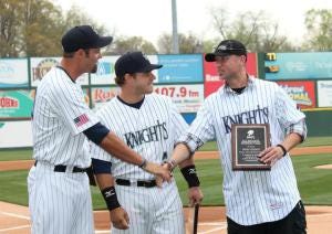 Jordan Danks, Josh Phegley, and Ross Gload accepted their All Knights Stadium Team plaques on Opening Day, 2013. (photo credit: Erica Caldwell).