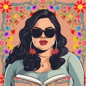 Image of a Hispanic woman cartoon she’s readinga book