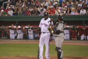 Back in 2008, David Oritz rehabbed at Hadlock Field. Pablo Sandoval was the catcher. 