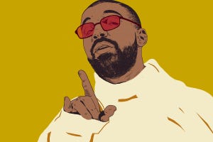 A pop art drawing of Drake; seen here denying the accusation he’s a hip-hop equivalent of an Instapoet.