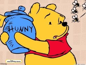 Winnie the Pooh protecting his "hunny" from bees.