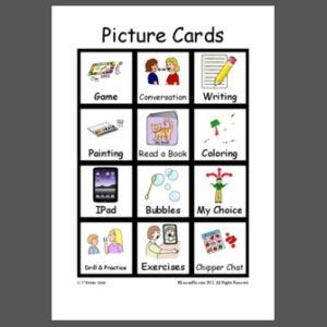 Picture cards for preschoolers with images and words, aiding speech therapy progress for kids with autism.