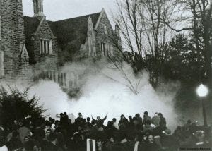Students on Quad after Allen Building takeover being teargassed, February 13, 1969 (Duke University Archives).
