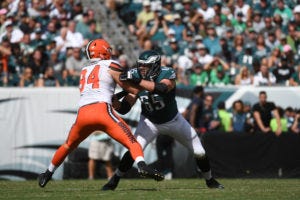 Lane Johnson has missed a total of 14 games due to suspension for PEDs during the four season he has been in the NFL.  Photo by Andy Lewis / contrastphotography.com