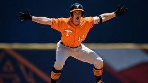 HOOVER, AL - MAY 20, 2014 - Infielder Nick Senzel #13 of the Tennessee Volunteers shows emotion during the postseason SEC Tournament game between the Tennessee Volunteers and the Vanderbilt Commodores at Hoover Met Stadium in Hoover, AL. Photo By Donald Page/Tennessee Athletics