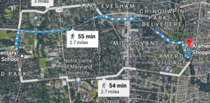 Map of route from Roland Park to Alameda Shopping Center